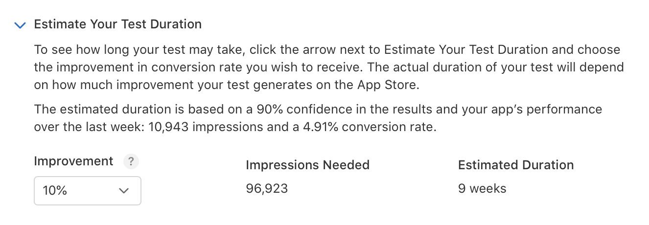 App Store Connect estimate showing 96,923 impressions and 9 weeks for a 10% improvement