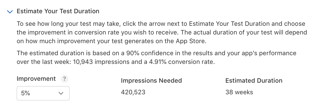 App Store Connect estimate showing 420,523 impressions and 38 weeks for a 5% improvement