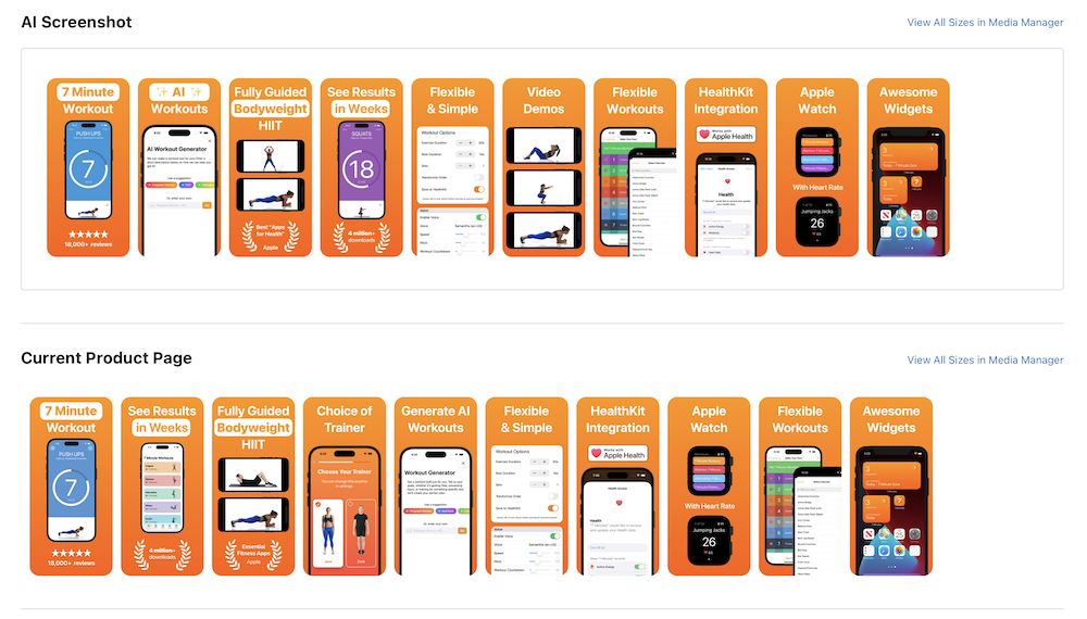 Screenshot set for Test 1 showing an AI Screenshot variation against the current product page