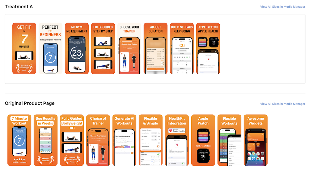 Screenshot set for Test 2 showing Treatment A versus the original product page