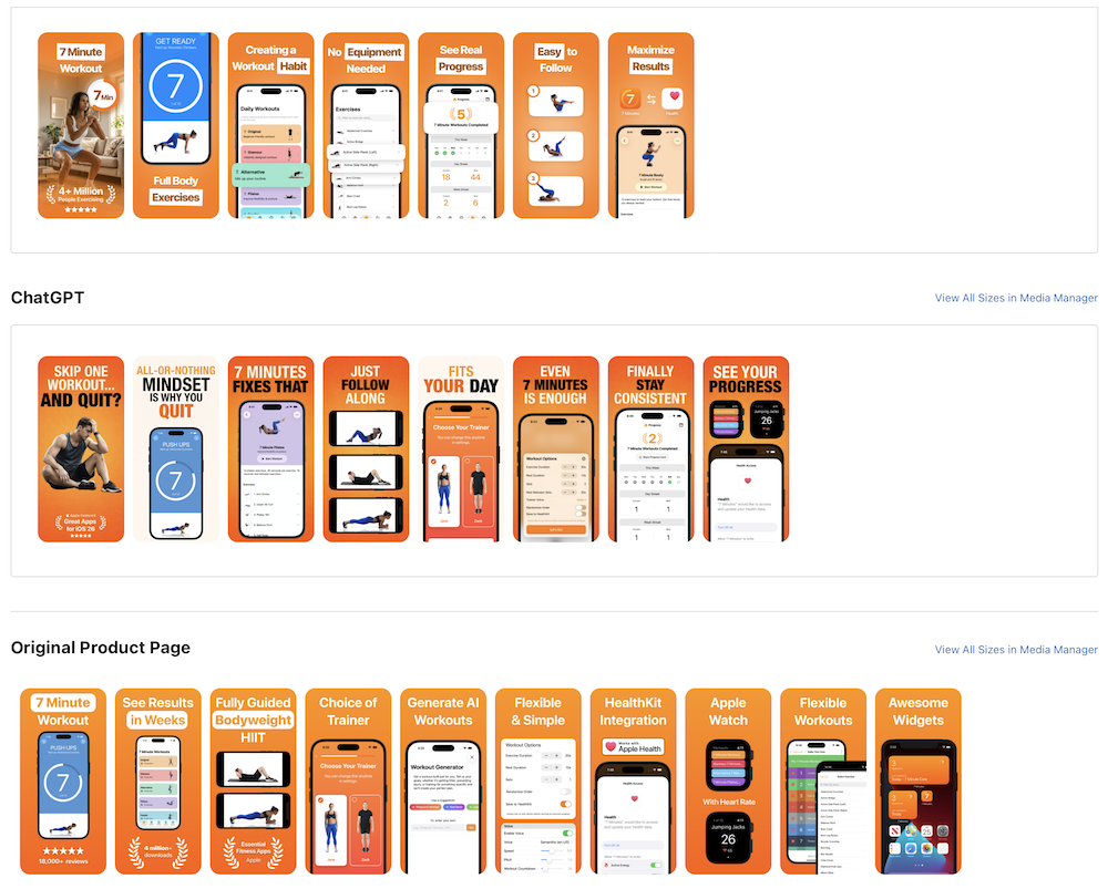 Screenshot set for Test 4 showing the professional design, ChatGPT idea and original product page
