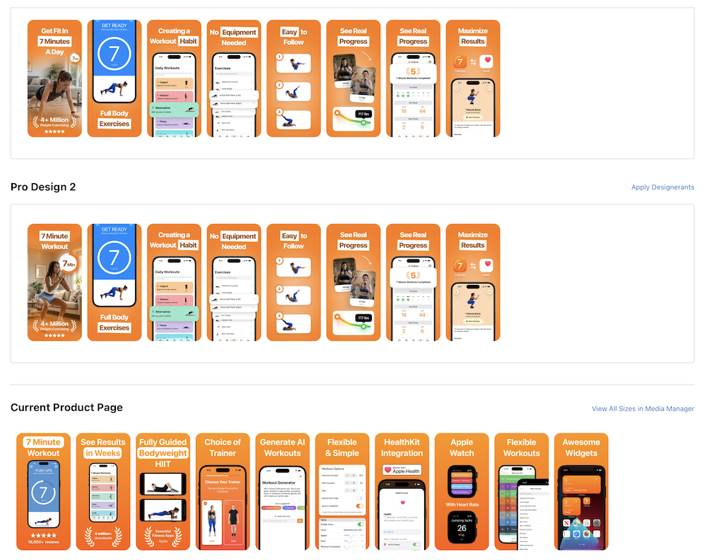 Screenshot set for Test 5 showing Pro Design 2, New Photo and the current product page